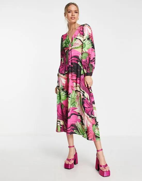 warped floral cut out detail ring midi dress in multi