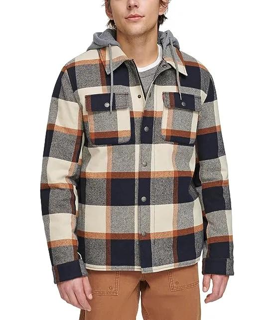 Washed Cotton Shirt Jacket with A Jersey Hood and Sherpa Lining