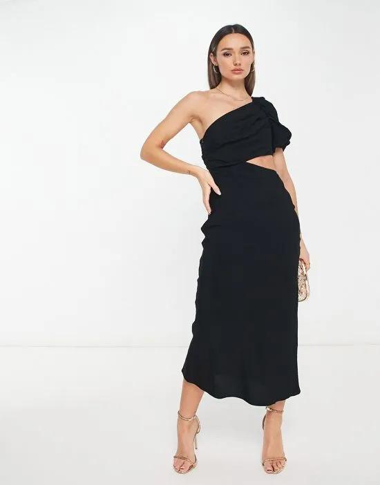 washed one shoulder maxi dress with cut out side waist detail in black