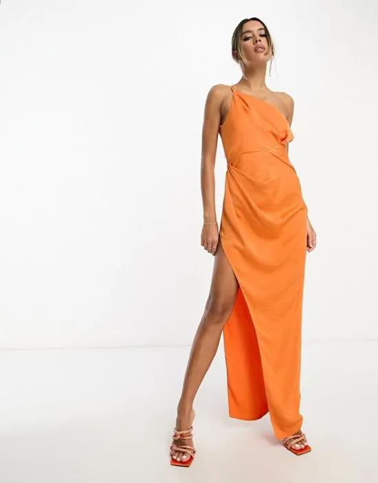 washed satin one shoulder high split maxi dress with twist detail in orange