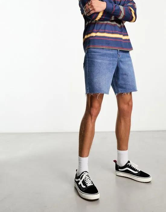 wide fit cut off denim shorts in mid wash