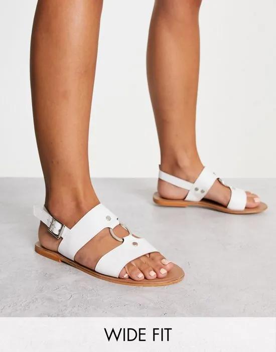Wide Fit Fancy leather ring and stud detail flat sandal in off white