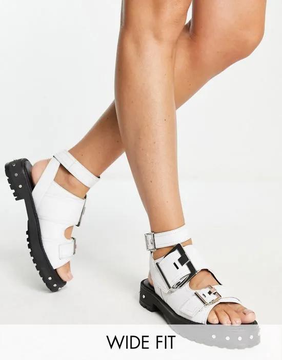 Wide Fit Finchley premium leather chunky flat sandals with buckles in white