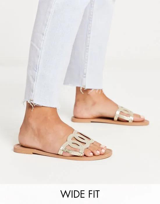 Wide fit Frappe flat sandal in gold