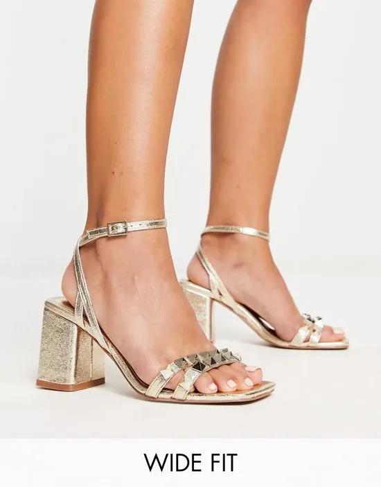 Wide Fit Heath studded mid heeled sandals in gold