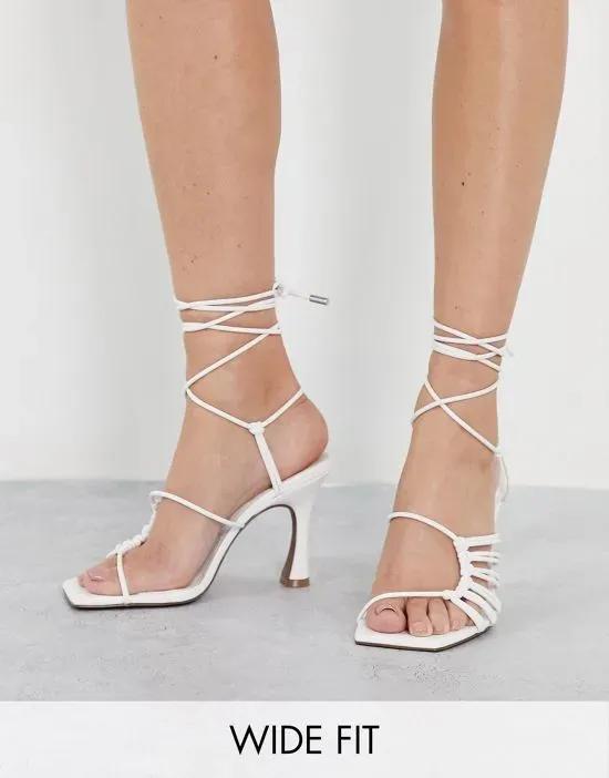Wide Fit Herald knotted caged tie leg mid heeled sandals in white