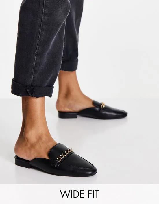Wide Fit Motto chain flat mules in black