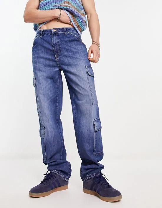 wide leg jeans with cargo pockets in dark wash blue