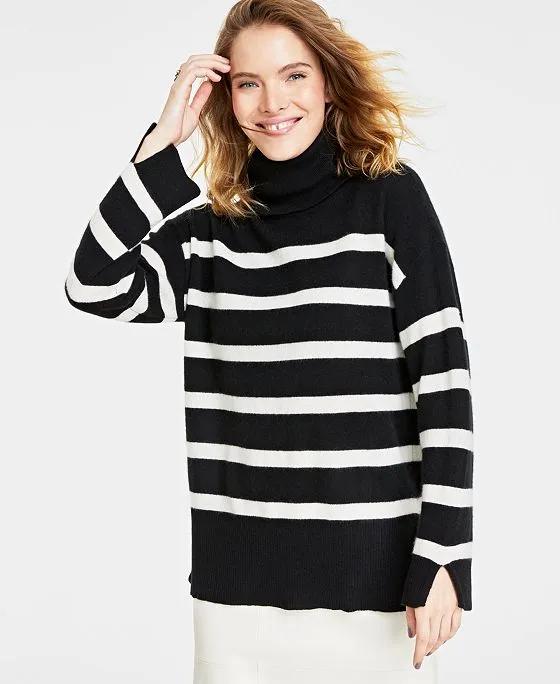 Women's 100% Cashmere Striped Turtleneck Split-Cuff Sweater, Created for Macy's