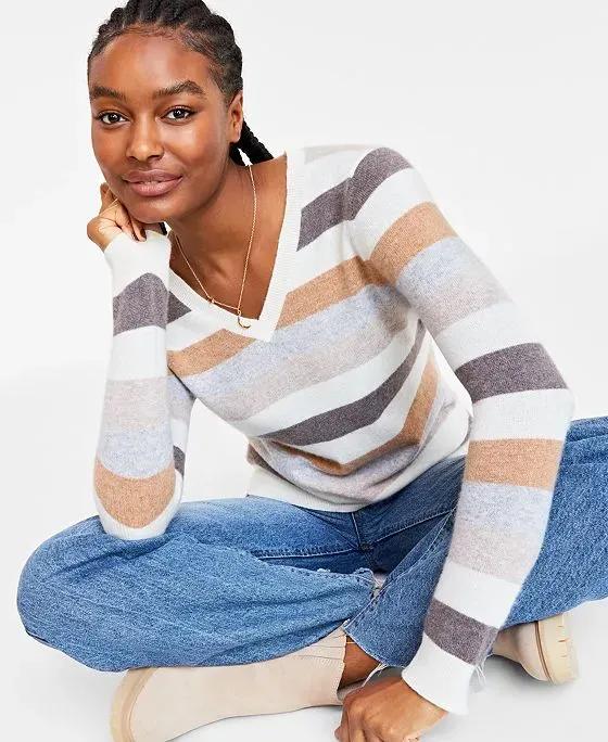 Women's 100% Cashmere Striped V-Neck Sweater, Created for Macy's