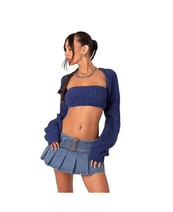 Women's 2 Piece Knitted Bandeau And Long Sleeve Shrug Sweater