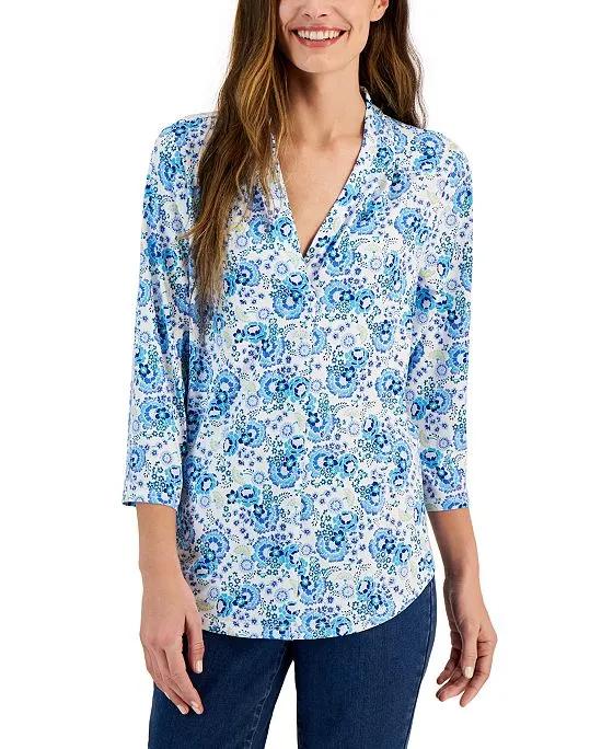 Women's 3/4-Sleeve Floral V-Neck Top, Created for Macy's