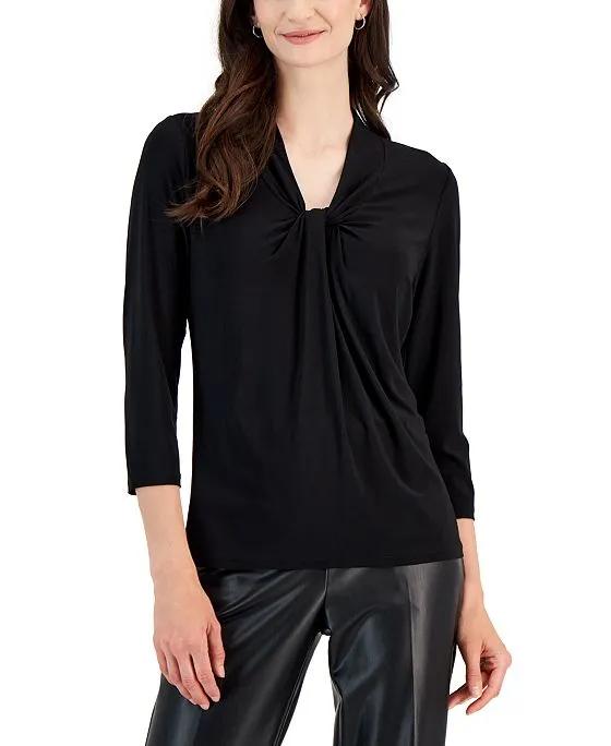 Women's 3/4-Sleeve Knotted V-Neck Top