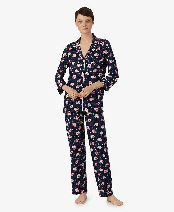 Women's 3/4 Sleeve Notch Collar Long Pants 2 Piece Pajama Set