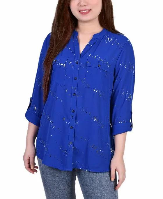 Women's 3/4 Sleeve Roll Tab Blouse Top with Metallic Details