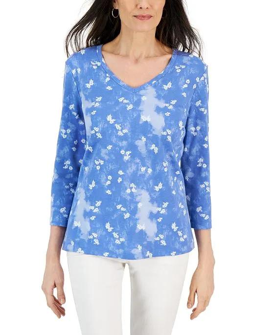 Women's 3/4 Sleeve V-Neck Printed Knit Top, Created for Macy's