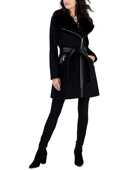 Women's Asymmetric Faux-Fur-Collar Wrap Coat