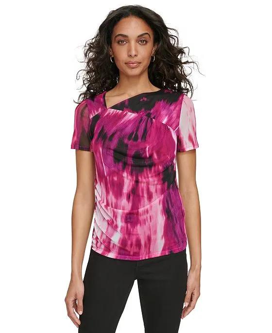 Women's Asymmetrical Printed Ruched Top