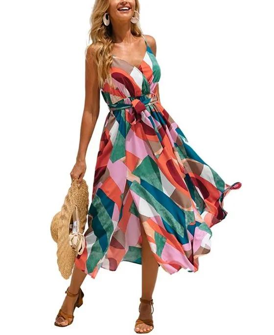 Women's Belted Abstract Print Maxi Dress