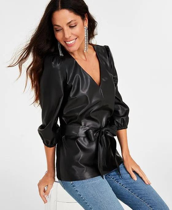 Women's Belted Faux Leather Top, Created for Macy's