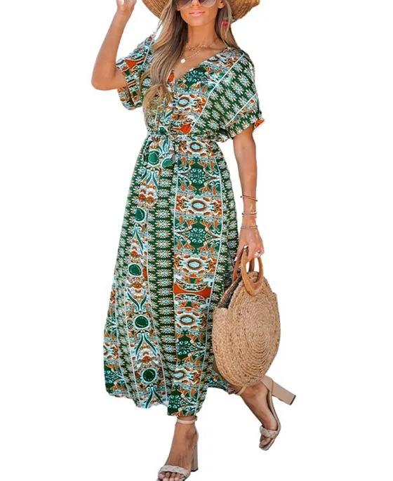 Women's Belted Floral Paisley Print Cover Up Dress