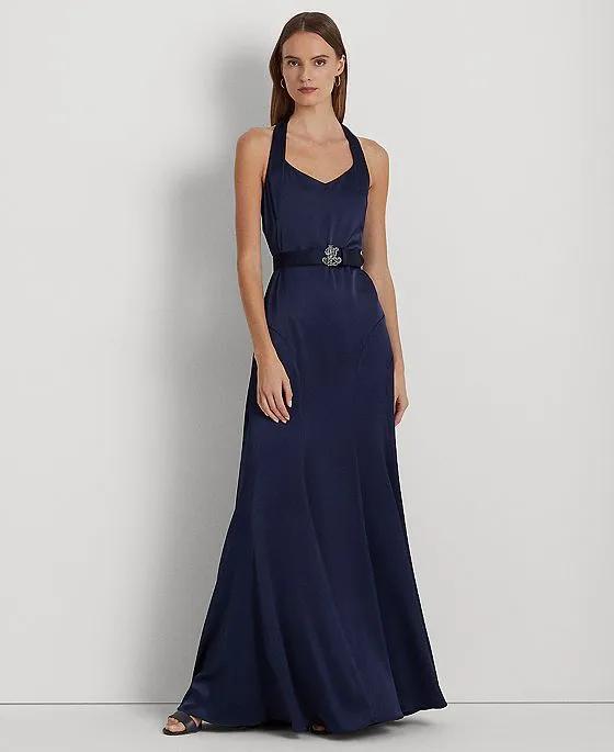 Women's Belted Satin Charmeuse Gown