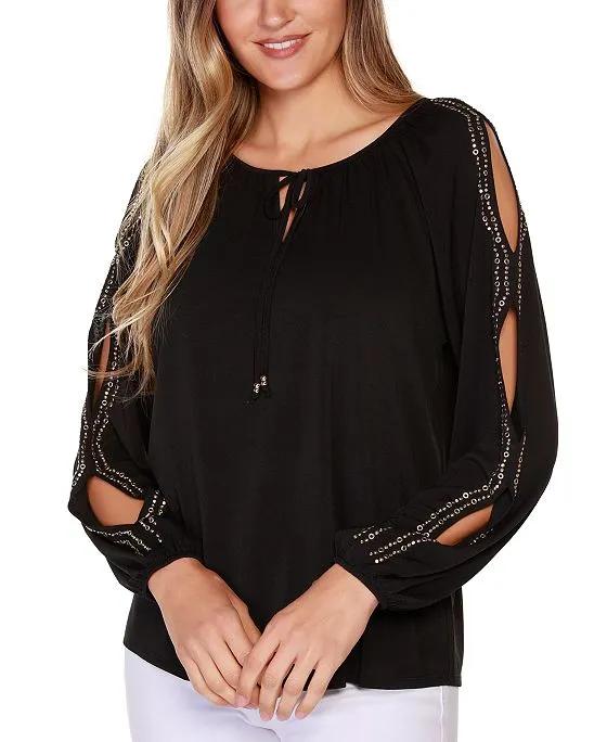 Women's Black Label Embellished Top with Cutout Sleeve