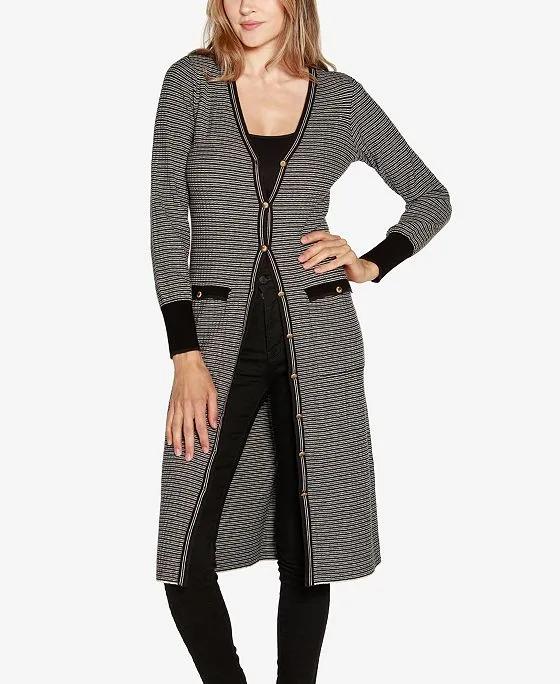 Women's Black Label Striped Button-Front Duster Sweater