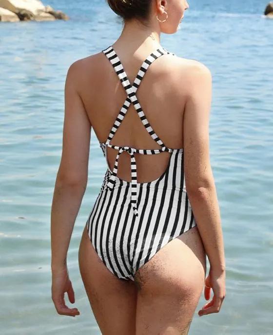 Women's Black & White Stripes V-Neck One Piece Swimsuit