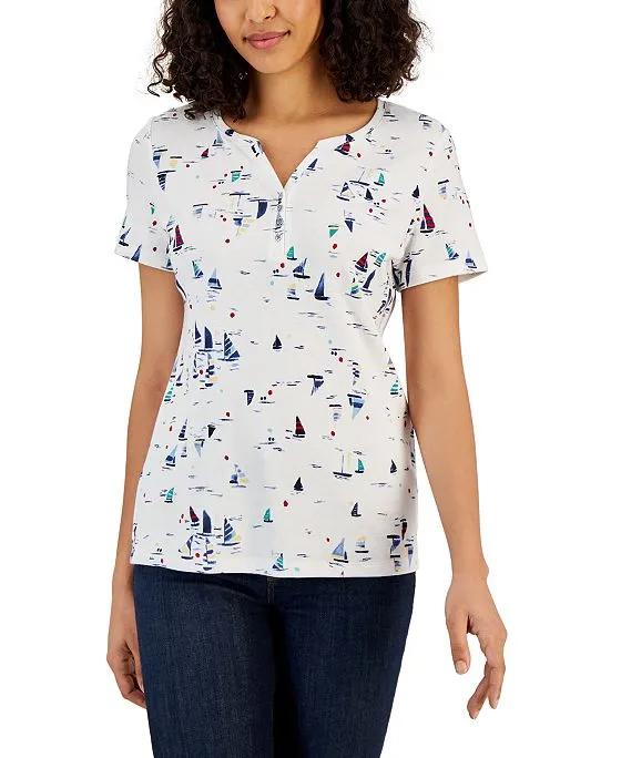 Women's Boat-Print Knit Short-Sleeve Henley Top, Created for Macy's