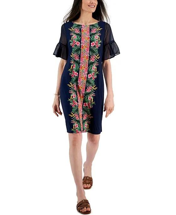 Women's Border-Print Ruffled-Sleeve Dress, Created for Macy's