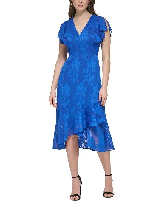 Women's Burnout Chiffon Flutter-Sleeve Midi Dress