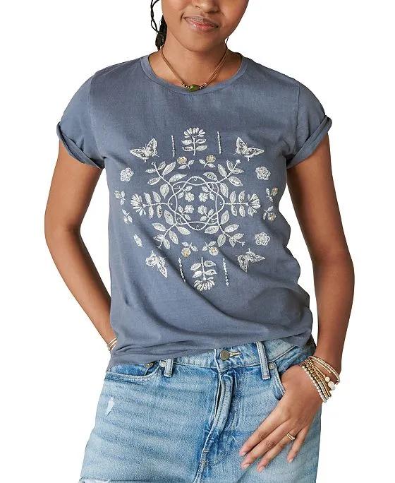Women's Butterfly Bandana Classic Crewneck Embellished T-Shirt