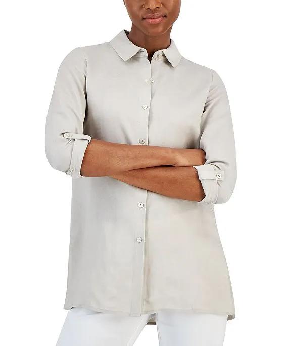 Women's Button-Front Roll-Sleeve Linen Blend Tunic, Created for Macy's