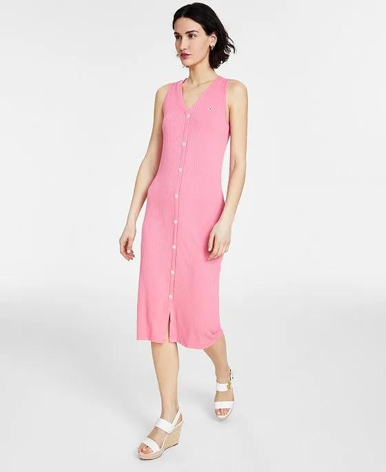 Women's Button-Trimmed Ribbed Midi Dress