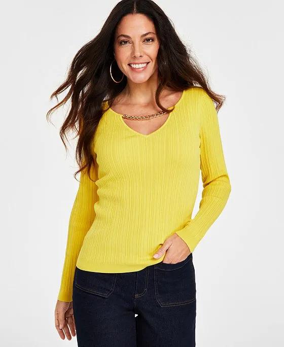 Women's Chain-Detail Ribbed Sweater, Created for Macy's