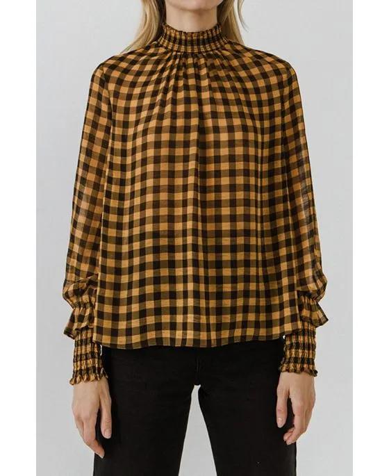 Women's Checker Blouse with Mock Neck