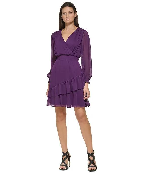 Women's Chiffon Smocked Ruffle-Hem Dress