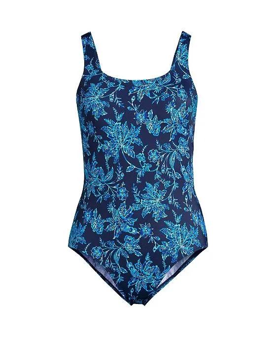 Women's Chlorine Resistant Scoop Neck High Leg Soft Cup Tugless Sporty One Piece Swimsuit - 6 - Electric Blue Multi/Swirl