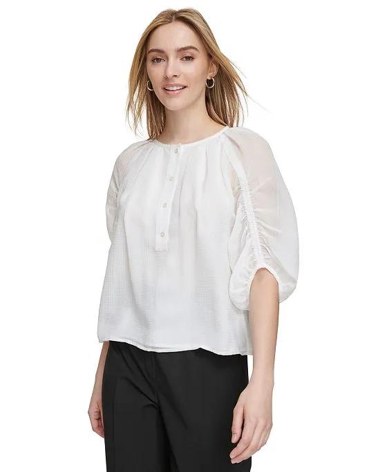 Women's Cinched-Sleeve Button-Front Top