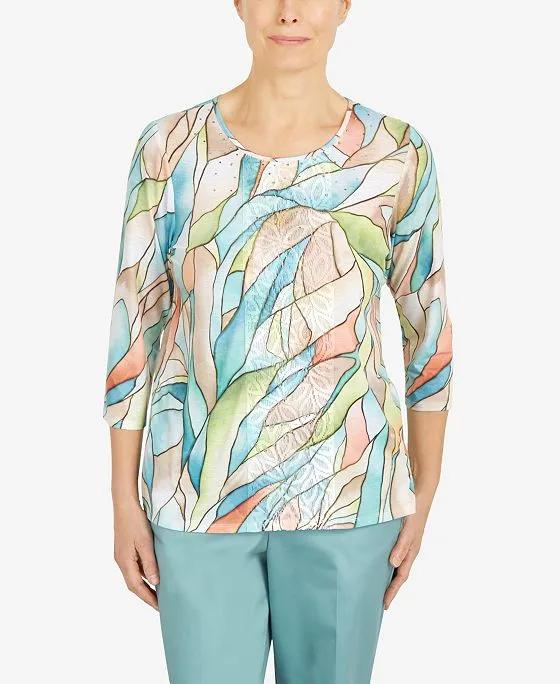 Women's Coconut Grove Leaf Stained Glass 3/4 Sleeve Top