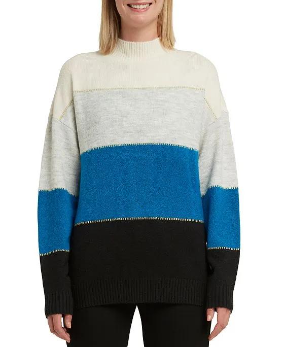 Women's Colorblocked Mock-Neck Long Sleeve Sweater