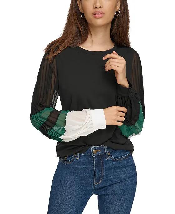 Women's Colorblocked Sheer-Sleeve Top
