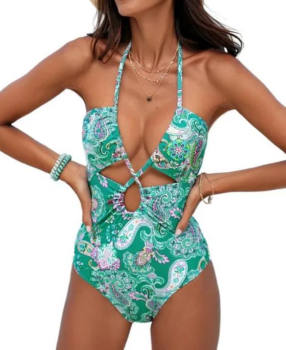 Women's Colorful Cashew Tunneled Cutout One Piece Swimsuit