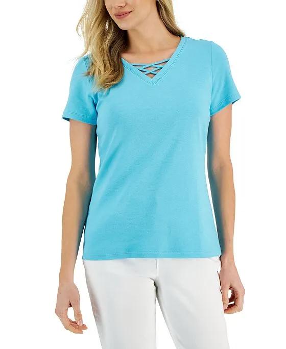 Women's Cotton Crisscross V-Neck Short-Sleeve Top, Created for Macy's