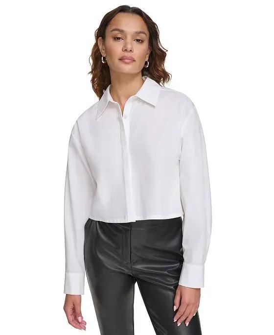 Women's Cotton Cropped Button-Front Shirt