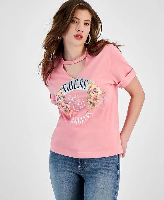 Women's Cotton Embellished Roses Graphic-Print Tee