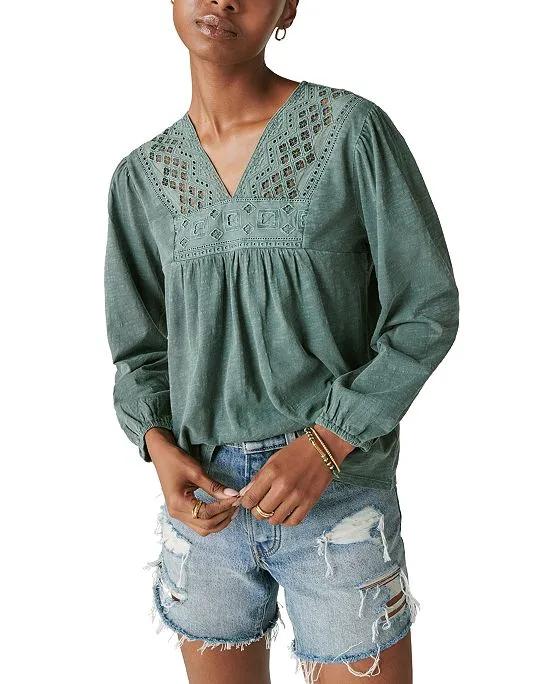 Women's Cotton Embroidered-Bib Top