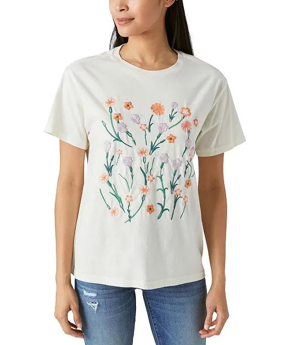 Women's Cotton Floral-Embroidered T-Shirt