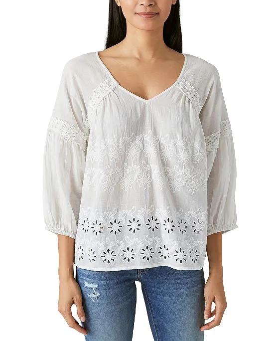 Women's Cotton Lace-Trim Embroidered Top